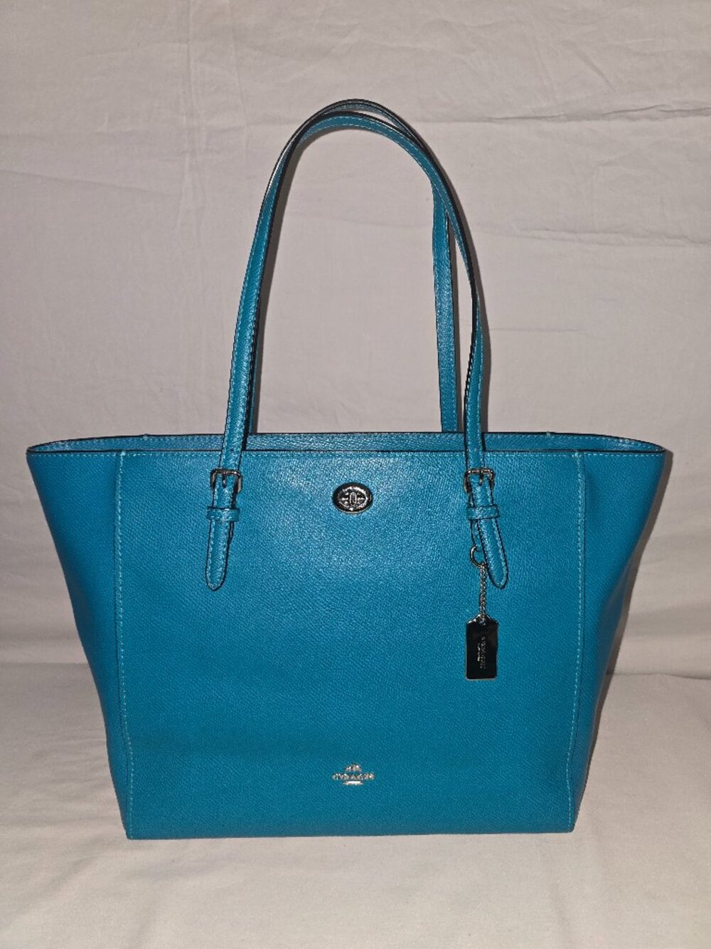 Coach 36454 Turnlock Turquoise Crossgrain Leather Zip Top Carryall Shoulder Tote
